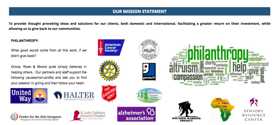 Logos of the causes and non-profits supported by Groce, Rose & Moore partners and staff